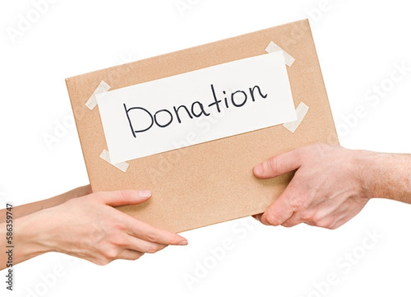 Fototapeta handing over a donation box from hand to hand, on a white isolated background