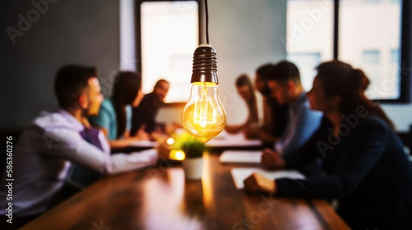 Fototapeta Eureka Moment, Light Bulb on a meeting table glowing during an intense brainstorm with people thinking and talking around a meeting table of business ideas for a startup. Generative AI 