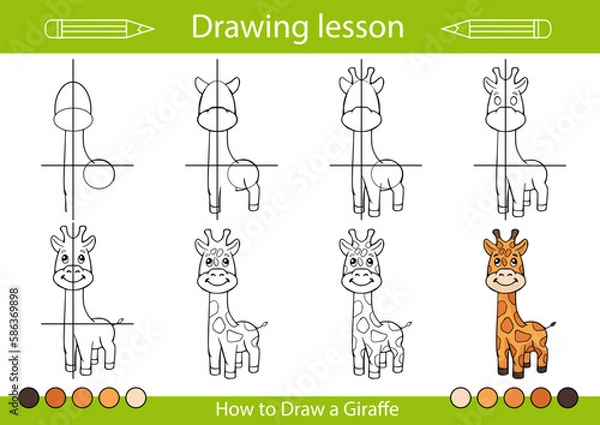 Fototapeta Drawing tutorial and art lesson. How to draw animals. Kids activity page. Children education step by step worksheet. Vector illustration of giraffe.