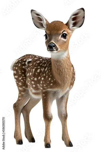 Fototapeta a spring-themed illustration photo featuring an isolated cute spotted baby deer fawn standing set on a transparent background in PNG. Generative AI
