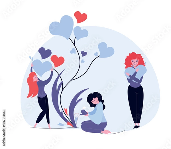 Fototapeta mental health support, mental health, Girls support each other, the heart is gaining strength in the team. The girl waters the tree of emotions, plucks the fruits of her work. Vector flat illustration