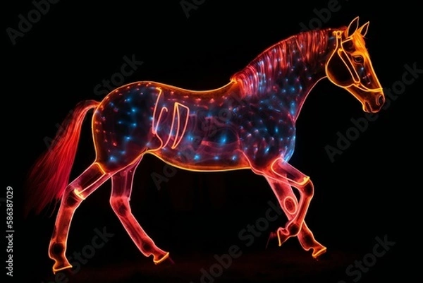 Fototapeta Walking horse glowing with orange neon light on black background, generative AI