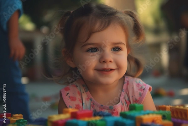 Fototapeta Little Builder. Adorable toddler giggling and playing with a colorful set of toy brick blocks. Creativity and imagination concept. AI Generative