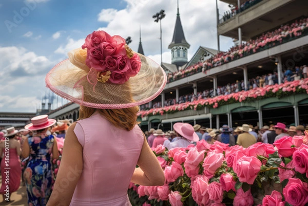 Fototapeta woman in hat on the terrace Kentucky Derby promotion - made with generative ai