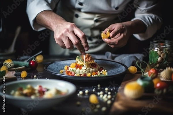 Fototapeta Gourmet Professional chef prepares a tasty and visually stunning dish on a plate, showcasing the artistry and skill of Michelin-starred restaurant cuisine. Gourmet and culinary concept. AI Generative