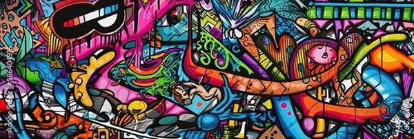 Fototapeta Żywe kolory ożywają w tym muriecie ulicznym, wyrażając kreatywność artystów poprzez mieszankę tekstu i graffiti. Pełna ramka, generatywna sztuczna inteligencja