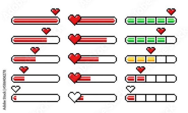 Obraz Pixel heart loading bars, 8 bit video game arcade assets and life status, vector props icons. Pixel heart loading progress bar with yellow half, green full and red empty load of life or energy meter