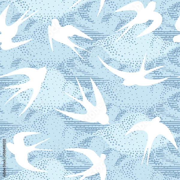 Fototapeta Seamless pattern of light blue clouds and white birds in flight. Vector illustration. Surface design is perfect for textiles, holiday themed fabrics, beachwear, stationery, wallpaper, packaging