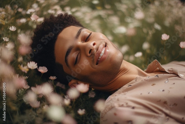 Fototapeta Beautiful portrait photo of a man of color lying in a flower field smiling