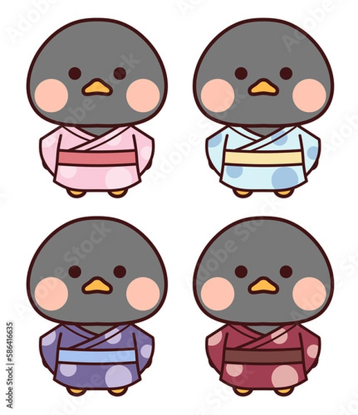 Obraz 浴衣を着た黒い鳥のセット