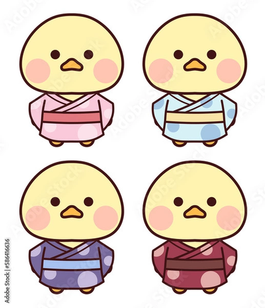 Obraz 浴衣を着た黄色い鳥のセット