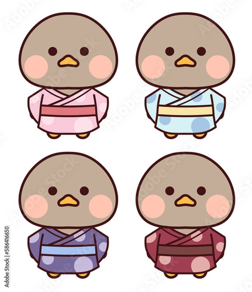 Obraz 浴衣を着た茶色い鳥のセット