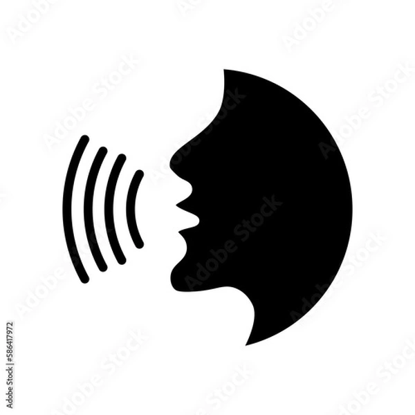 Fototapeta Voice recognition concept. Voice control black line icon.Speaking icon vector. Talk person sign or symbol , man with open mouth and sound wave , Voice command, Voice recognition, speech icon.