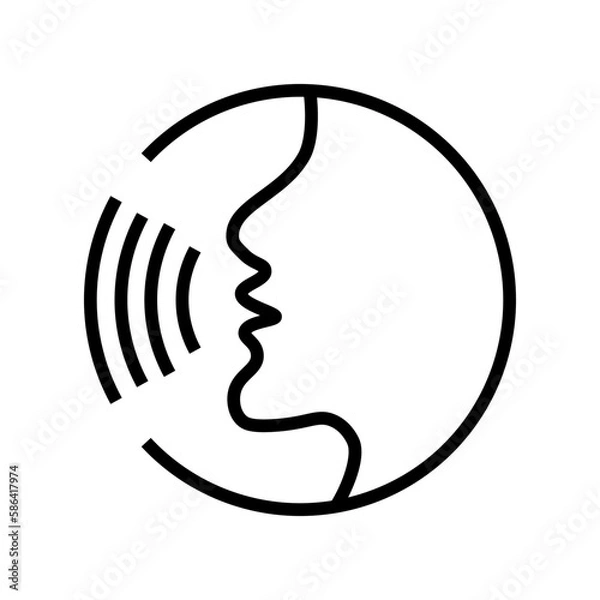 Fototapeta Voice recognition concept. Voice control black line icon.Speaking icon vector. Talk person sign or symbol , man with open mouth and sound wave , Voice command, Voice recognition, speech icon.