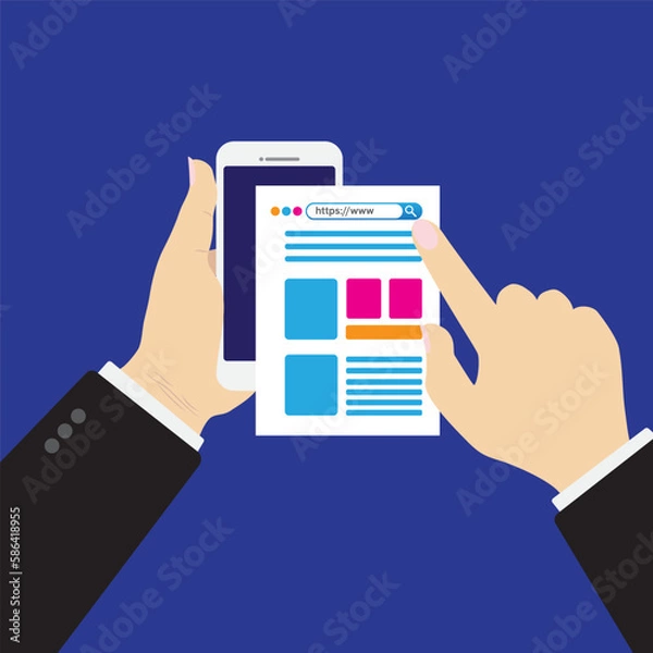 Fototapeta Mobile mass media online - conceptual illustration with smart phone in hands and newspaper - paper and digital variations - vector icon. Vector illustration.