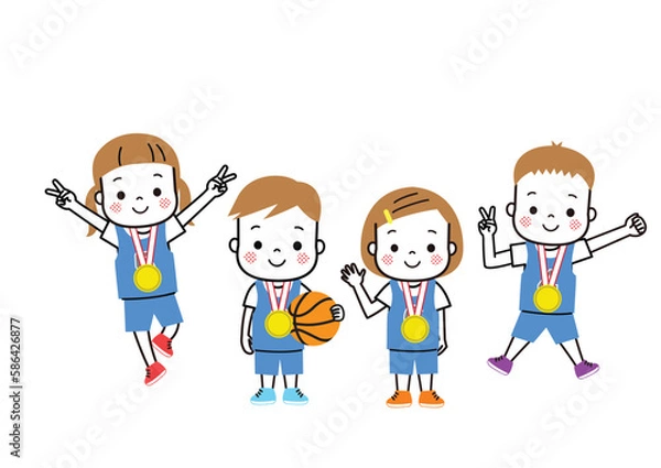 Fototapeta 金メダルをもらって大喜びしているバスケットボールチームの子どもたち