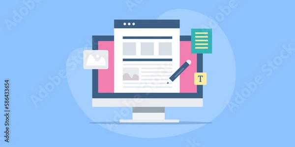Fototapeta Text content writing online blog post publish social media, freelance work business and marketing. Vector web banner.