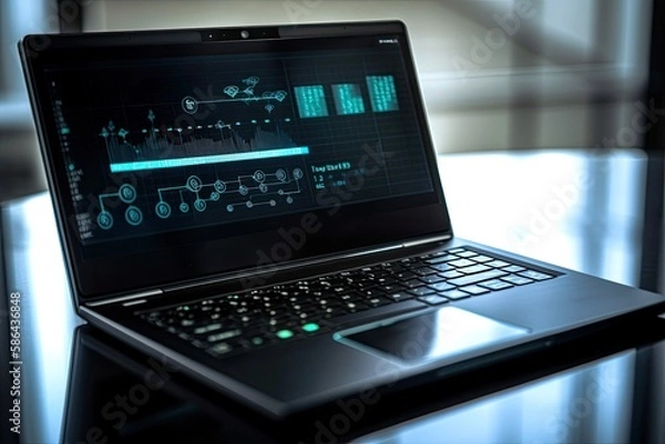 Fototapeta Business laptop analyzes data and analytics for marketing strategy planning. A close-up of a modern computer screen displaying charts and tables related to finance and success. Ai generative.
