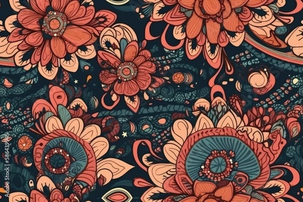 Obraz vibrant floral pattern in shades of blue and red. Generative AI