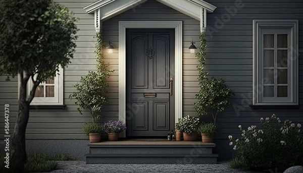 Fototapeta Scandinavian style house front door with steps and plants. Generative AI