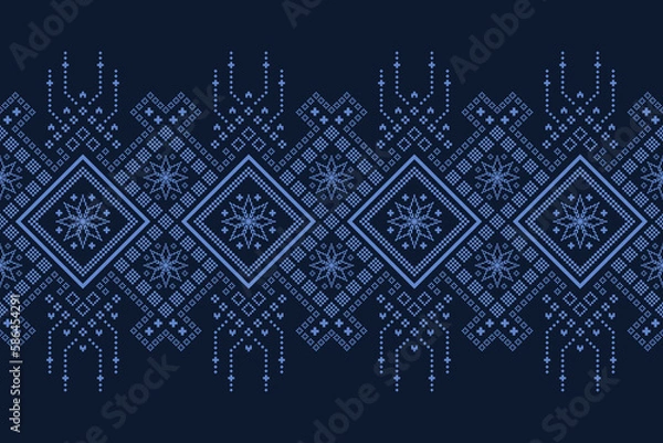 Obraz Indigo navy blue geometric traditional ethnic pattern Ikat seamless pattern border abstract design for fabric print cloth dress carpet curtains and sarong Aztec African Indian Indonesian 