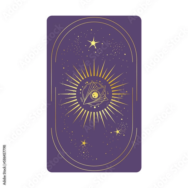 Fototapeta Tarot card gold with mystic eye pyramid in frame isolated. Boho esoteric tarot card with eye and star. Vector illustration. Sacred geometry celestial triangle