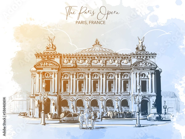 Fototapeta The Paris Opera building. Line drawing isolated on watercolour textured grunge background. Postcard or Travel blog illustration. EPS 10 vector illustration.