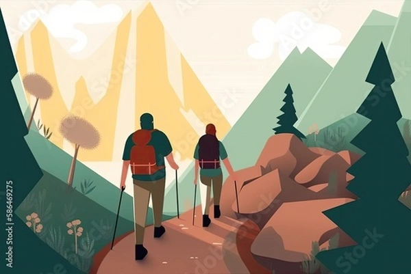 Fototapeta Two friends are hiking on a mountain trail. Generative AI