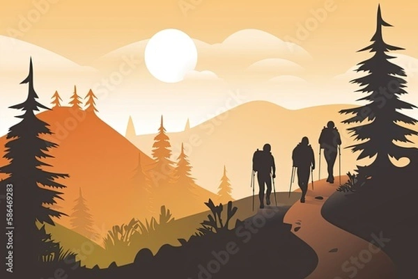 Fototapeta A group of friends is hiking on a mountain trail. Generative AI