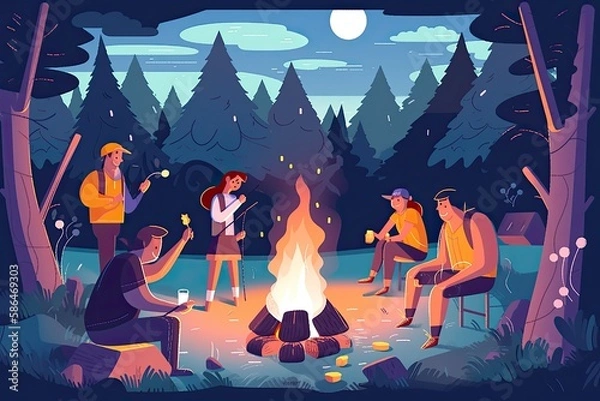Fototapeta Friends are roasting marshmallows around a campfire under the stars. Generative AI