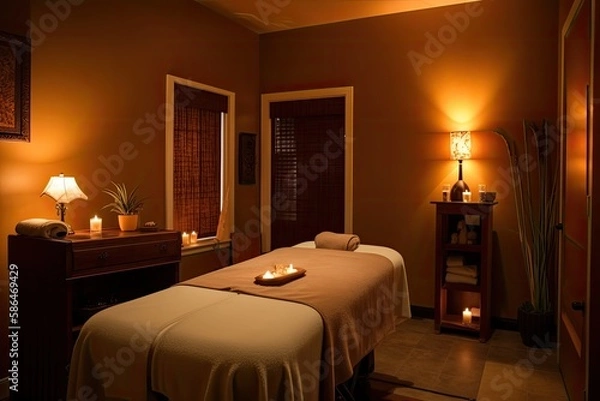 Fototapeta A massage room with dim lighting, soothing music, and a comfortable massage table. Generative AI