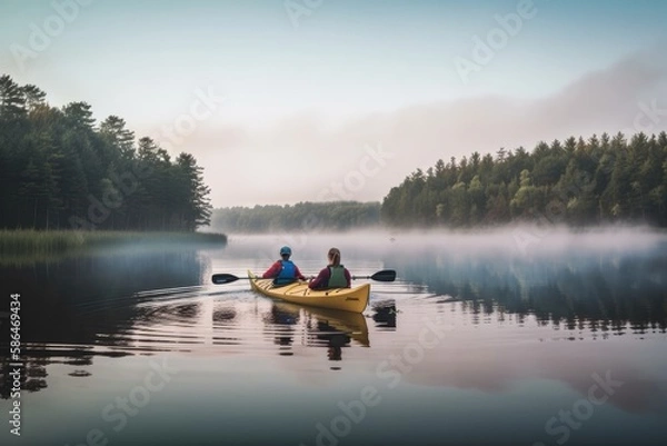 Fototapeta A man and woman kayaking on a calm lake. Generative AI