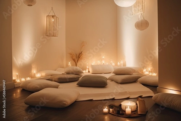 Fototapeta A meditation room with soft lighting, comfortable cushions, and some candles. Generative AI