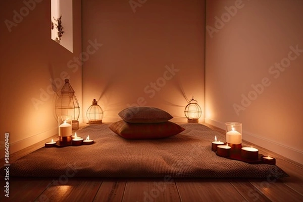 Fototapeta Meditation room with candle lighting and comfortable cushions. Generative AI