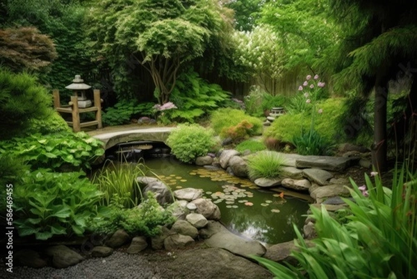 Fototapeta A peaceful and serene garden with a tranquil pond. Generative AI