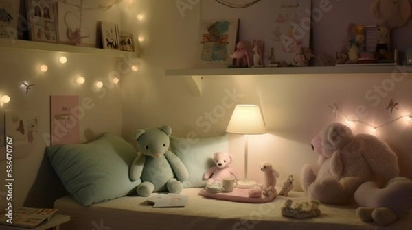 Fototapeta wide angle of pastel colour interior of kid room full with toys pillow decorating items in night time, image ai generate