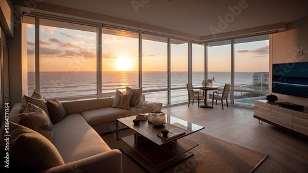 Fototapeta Inside a beach condo looking out into the ocean sunsetting reflective lighting. Interior. Generative AI Technology 
