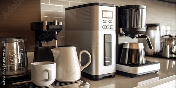 Fototapeta Coffee maker and coffee cup on a countertop, Generative AI.