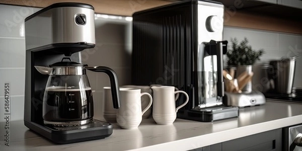 Fototapeta Coffee maker and coffee cup on a countertop, Generative AI.