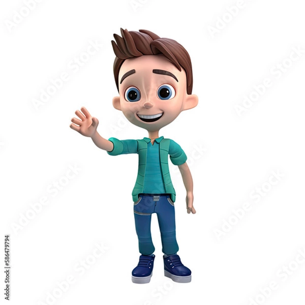 Fototapeta 3D icon people kawaii cartoon of a smiling man waving his hand. Bright portrait of a teenage character isolated background transparent png. Generative ai