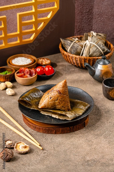Fototapeta Zongzi is a traditional Chinese food made of glutinous rice stuffed with different fillings and wrapped in bamboo reed, or other large flat leaves. They are cooked by steaming or boiling.