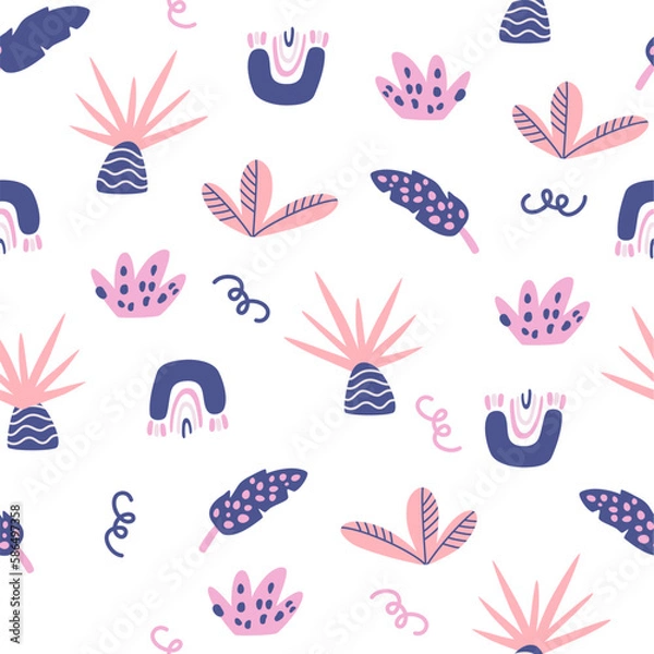 Fototapeta Tropical plants and palm trees seamless pattern. Jungle background with rainforest leafy plants Nursery pastel palette for printing baby clothes, textiles fabrics. Vector cartoon illustration. 