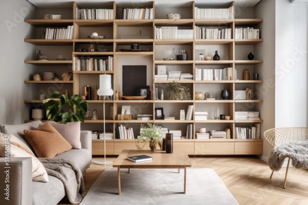 Fototapeta scandinavian bookcase with armchair in modern cozy interior of room. Home library with book shelf. Generative AI.