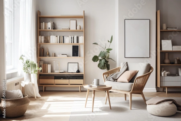 Fototapeta scandinavian bookcase with armchair in modern cozy interior of room. Home library with book shelf. Generative AI.