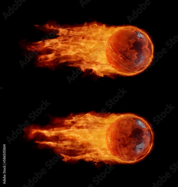 Obraz Fire ball. Blazing Cricket Ball on air with bright flame tail. Dark background. 3D render.