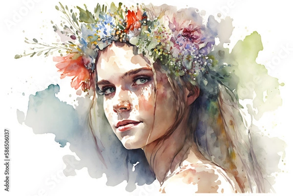 Fototapeta Beautiful girl with flowers on her head watercolor. Generative Ai
