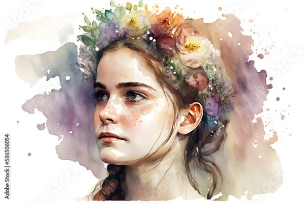 Fototapeta Cute illustration of a woman with a bouquet of flowers on her head. Generative Ai
