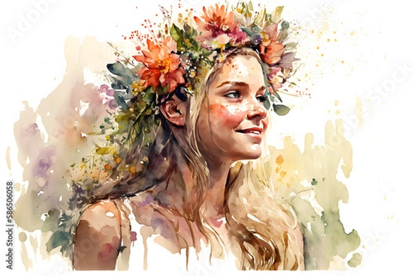 Fototapeta Colorful watercolor illustration of a girl with flowers on her head. Generative Ai
