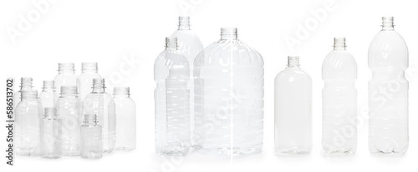 Fototapeta selection of quality photo collage of many different empty plastic bottles isolated on white background. production of new containers