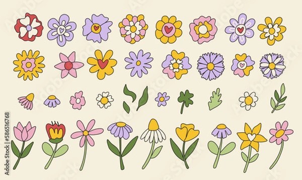 Fototapeta Set of retro groovy hippie flowers. Collection of different flowers in a hippie style.